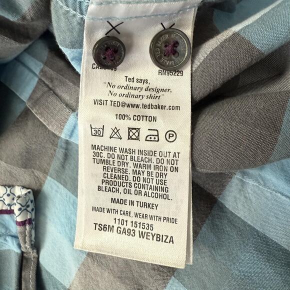 Ted Baker Shirt Mens Large Blue Gray Gingham Long Sleeve Button Front Weybiza - Picture 4 of 8